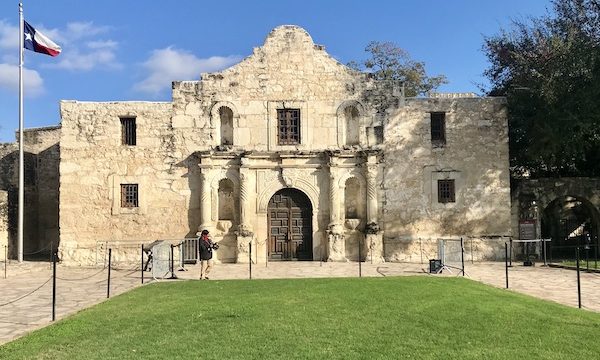 Remember the Alamo and the tan building with Spanish architecture.