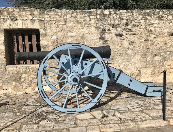 A verdis gris patina on this old canon makes us Remember the Alamo