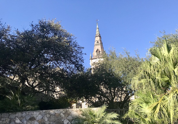 Lots of trees and a church spire alone our San Antonio River Cruise