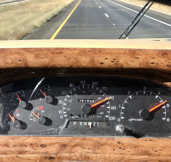 An RV dashboard showing our speed was 80 on the way to Sonora Texas