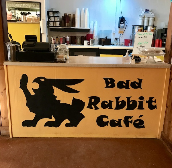 A food counter with a big black rabbit at Terlingua Ranch Texas