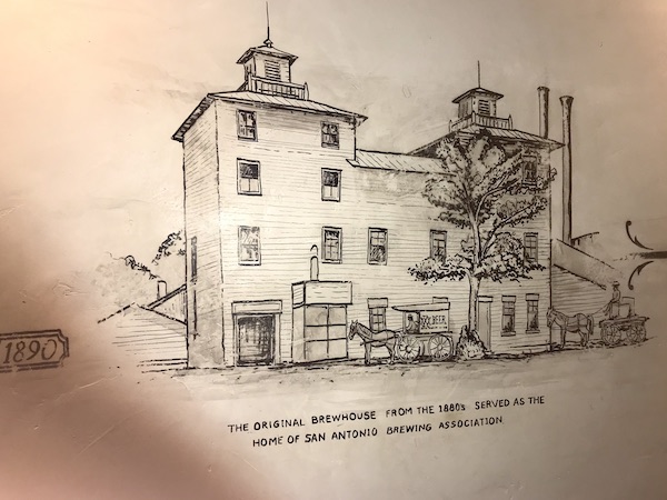 A black and white drawing of the original brewhouse in The Pearl in San Antonio