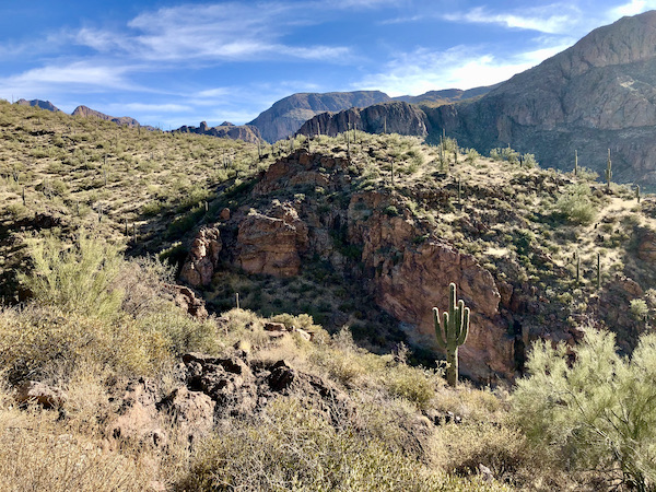 A large rock face amid desert landscape with mountains and blue sky along the Apache Trail Arizona