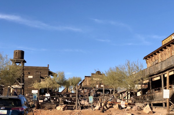 An old western downtown with wood buildings along the Apache Trail Arizona