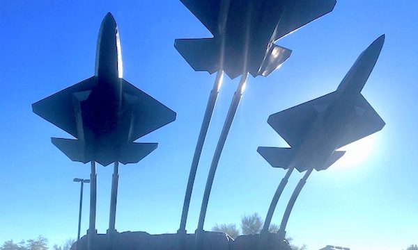 A sculpture of a trio of jets lets you know you are at the Pima Air and Space Museum