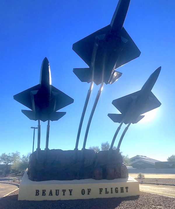 A sculpture of a trio of jets lets you know you are at the Pima Air and Space Museum
