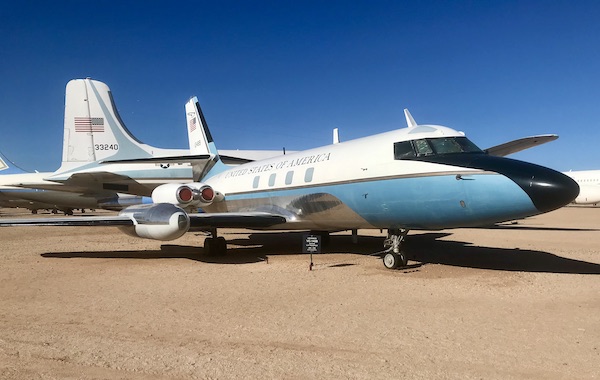 A white and blue plane used by Presidents in the 1960s at the Pima Air and Space Museum