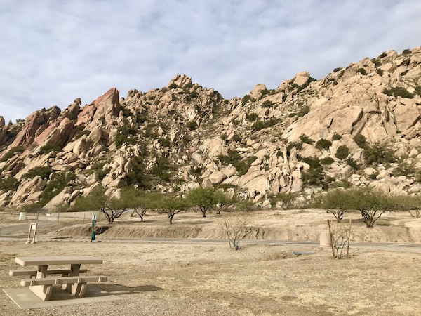Rocky mountains and picnic tables at the Rest Stop in Arizona on our way to Rincon Country East RV Resort Tucson AZ