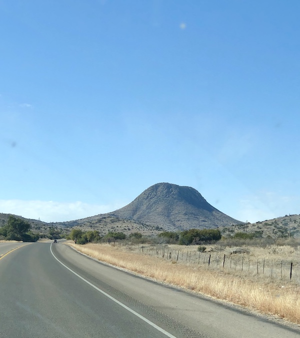 A mountain that looks like a volcano on our drive to The Waterstop Marfa Texas