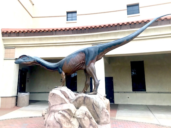 A sculpture of a raptor on a rock just outside the entrance to the Arizona Museum of Natural History
