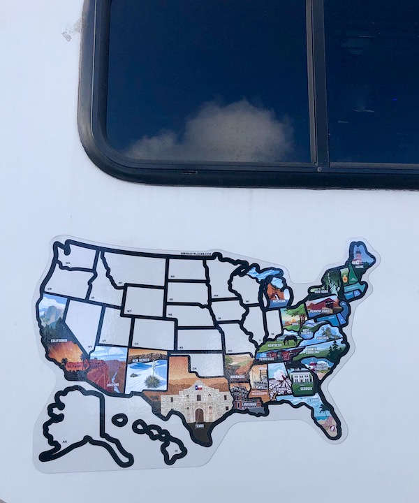 California Here We Come, a map of the US with state stickers filled in from coast to coast.