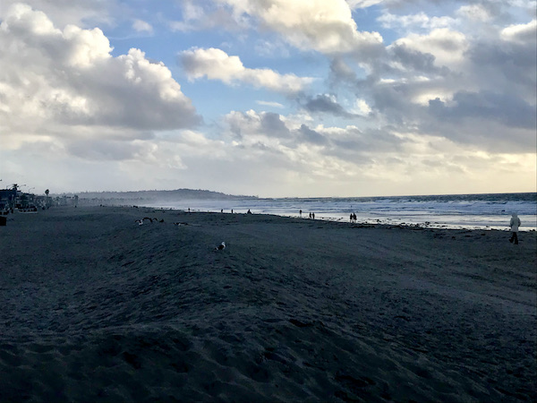 California Here We Come, sandy beach, ocean and blue sky with white puffy clouds.