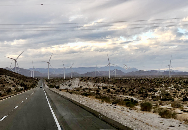 California Here We Come as we pass a bunch of white windmills along the highway.