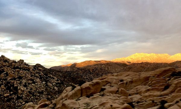California Here We Come, mountain with bright yellow snow cap created as the sun set.