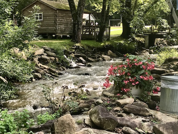 A small brook with flowers on the banks at a place we stayed en route Coast to Coast We Did It!