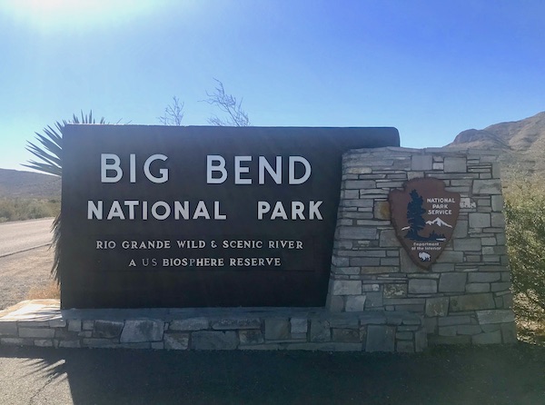 A stone and wood sign for Big Bend National Park visited en route Coast to Coast We Did It!
