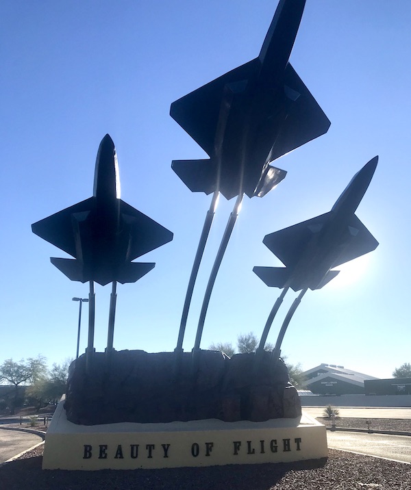 A sculpture of 3 jet airplanes and clear blue sky en route Coast to Coast We Did It!