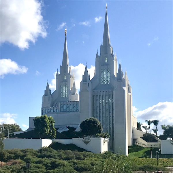 A huge white church with spires in San Diego California