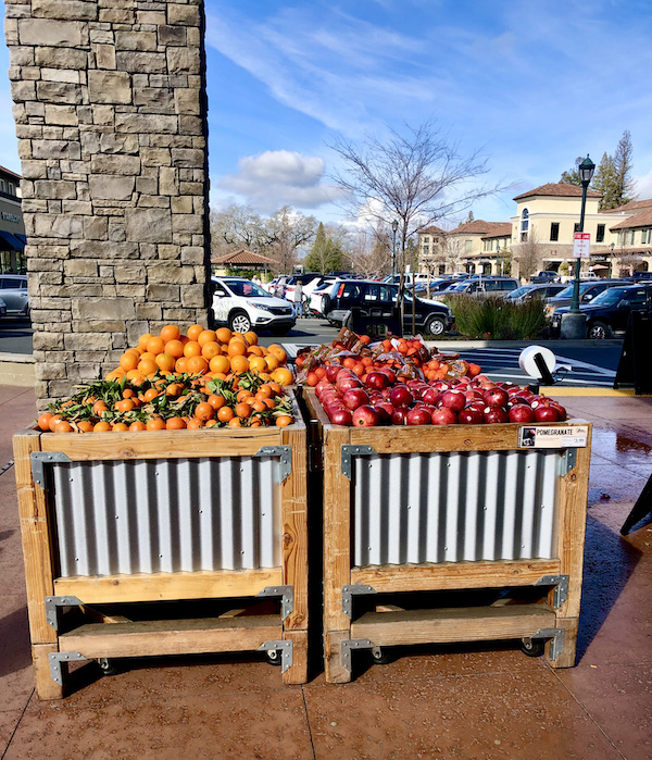 Wood and tin bins holding oranges and red pomegranates found during A Day with Friends in Windsor California