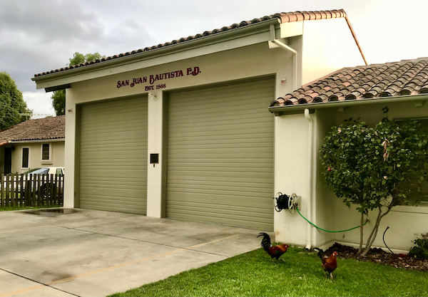 A fire department building with brown chickens on the lawn beside it found while Exploring Hollister California and Beyond