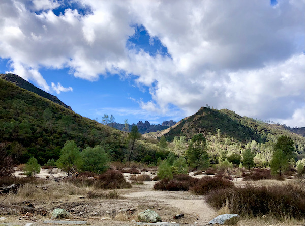 Mountains, trees and very blue sky with white clouds