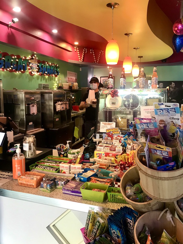 The colorful inside of a milkshake and candy store called Great Shakes in Palm Springs California