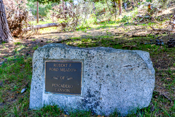 A large gray rock with a bronze plaque commemorating Robert F. Ford Grove along the Scenic 17-mile Drive Monterey California