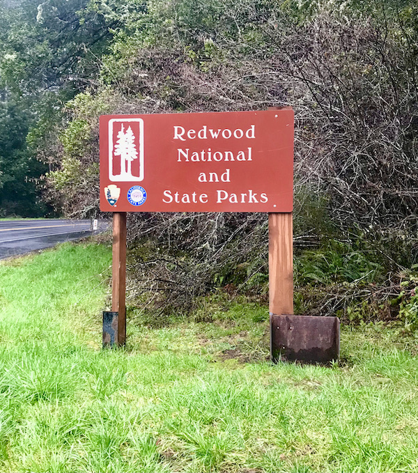 A red sign welcoming you to the forest at Jedediah Smith Redwoods Crescent City CA