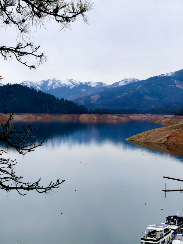 A mountain lake with trees reflecting in it and a couple of boats lower right corner at Mt. Shasta and Shasta Lake California