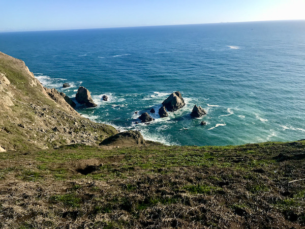 Grassy cliffs looking down at the Pacific Ocean with rocks jutting out of the water Petaluma to Point Reyes California