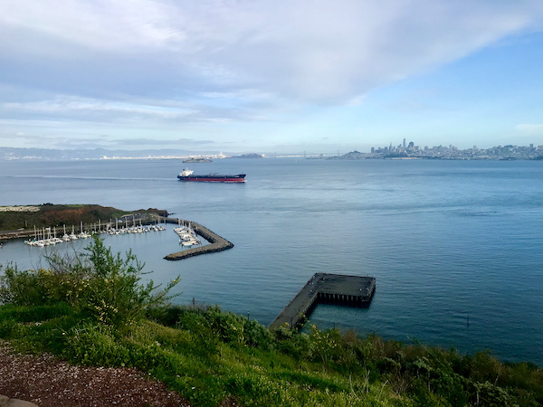A large body of water with a boat, some land, and the skyline of San Francisco California in the distance.