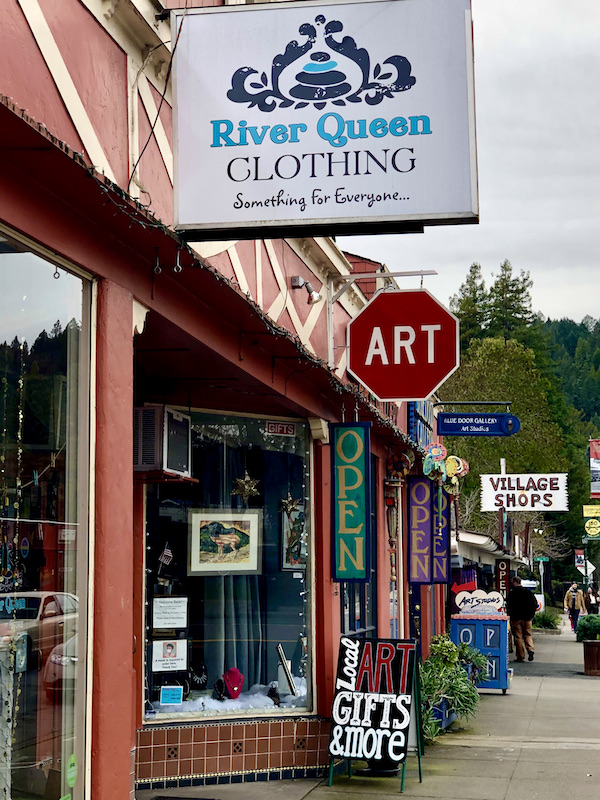 A row of stores in a small town en route home from Sonoma Coast State Beach