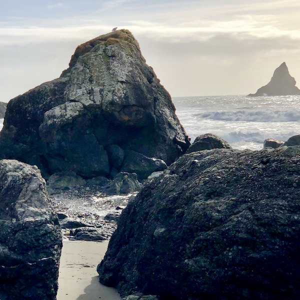 Large rocks on the beach with ocean near The Hungry Clam Brookings Oregon