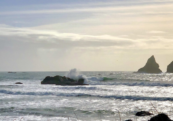 Lots of ocean and grayish sky and a wave spraying water over a rock near The Hungry Clam Brookings Oregon