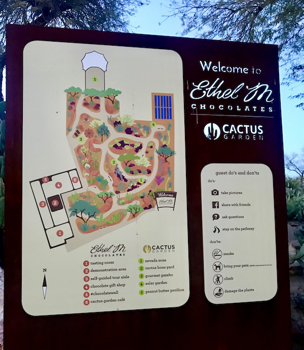 A sign welcoming you to Ethel M's Cactus Garden with a diagram of the garden is another of the 15 Best Free Attractions Las Vegas NV