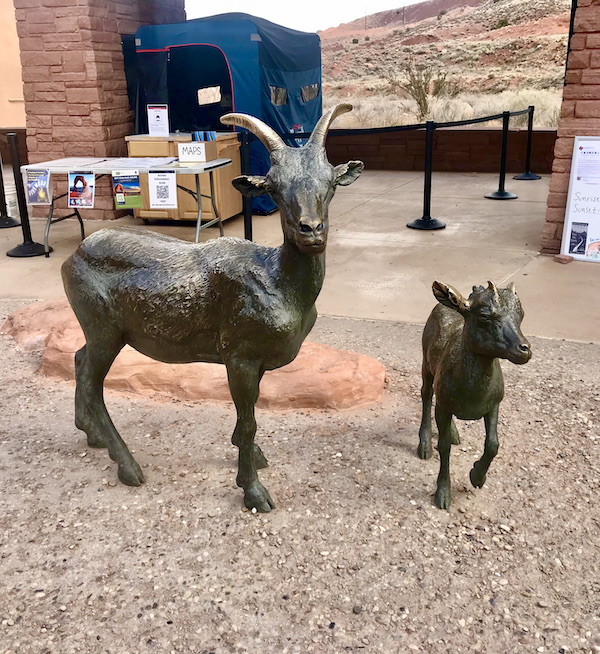 Adult and baby goat sculptures at Arches National Park Moab Utah
