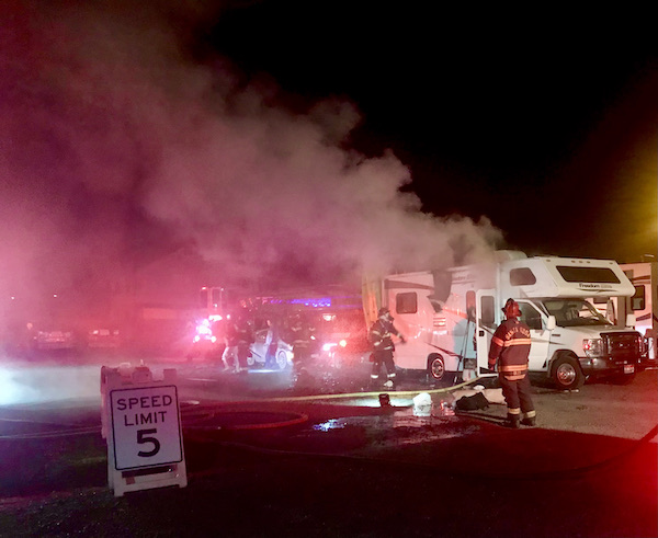 Billowing smoke from an RV on fire at our RV park after dinner at Coyote Sonoma in Healdsburg CA