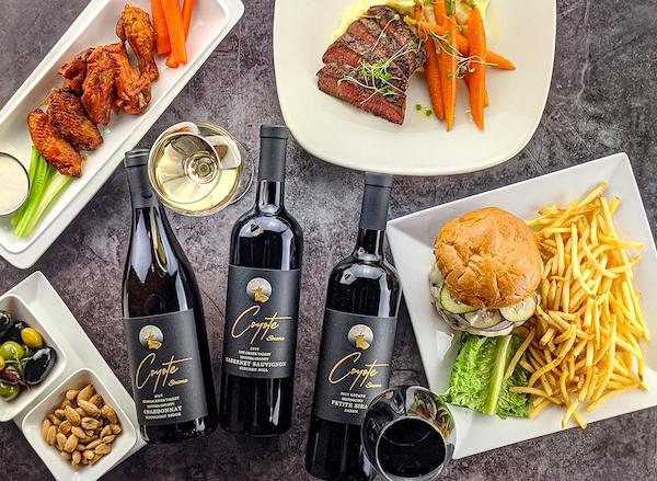 Wines and entrees from Coyote Sonoma in Healdsburg CA