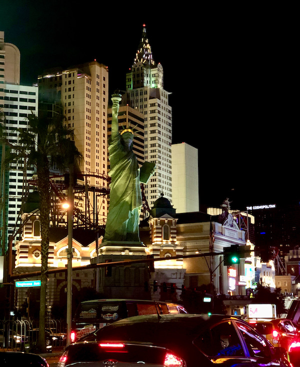 Buildings that look like New York buildings and the statue of liberty on our way to Fremont Street Experience Las Vegas NV