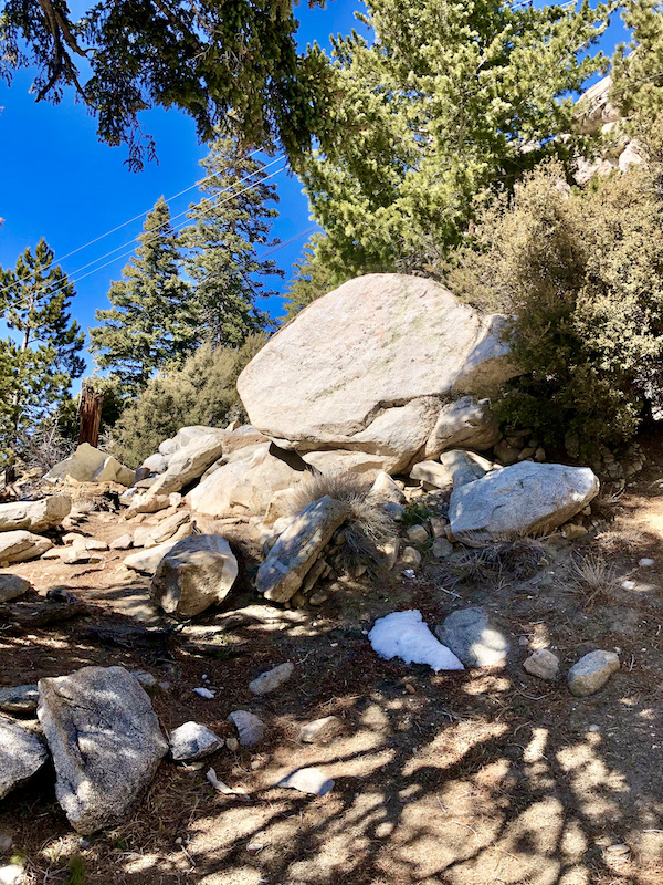 Large boulders on the mountainside along with trees and a patch of snow at Palm Springs Aerial Tramway California