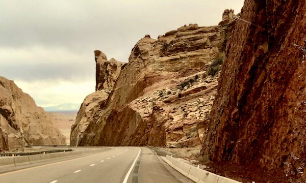 Pointy red rocks along the highway on our Scenic Drive to Moab Utah