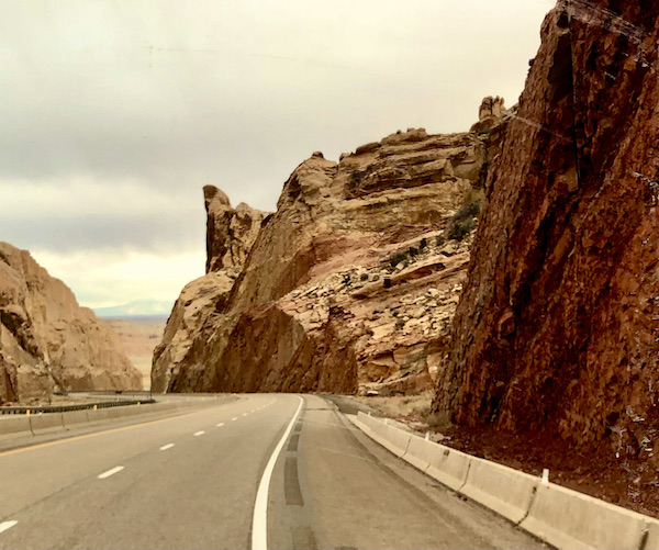 Pointy red rocks along the highway on our Scenic Drive to Moab Utah