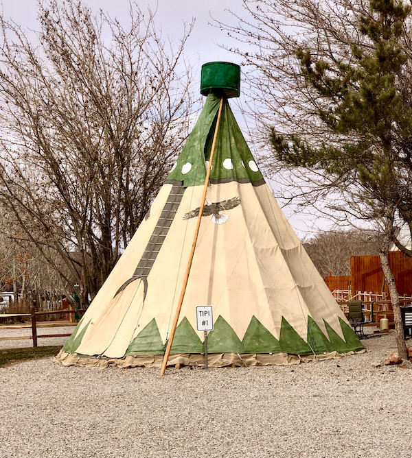 Olive green and cream colored tipi between trees on our Scenic Drive to Moab Utah