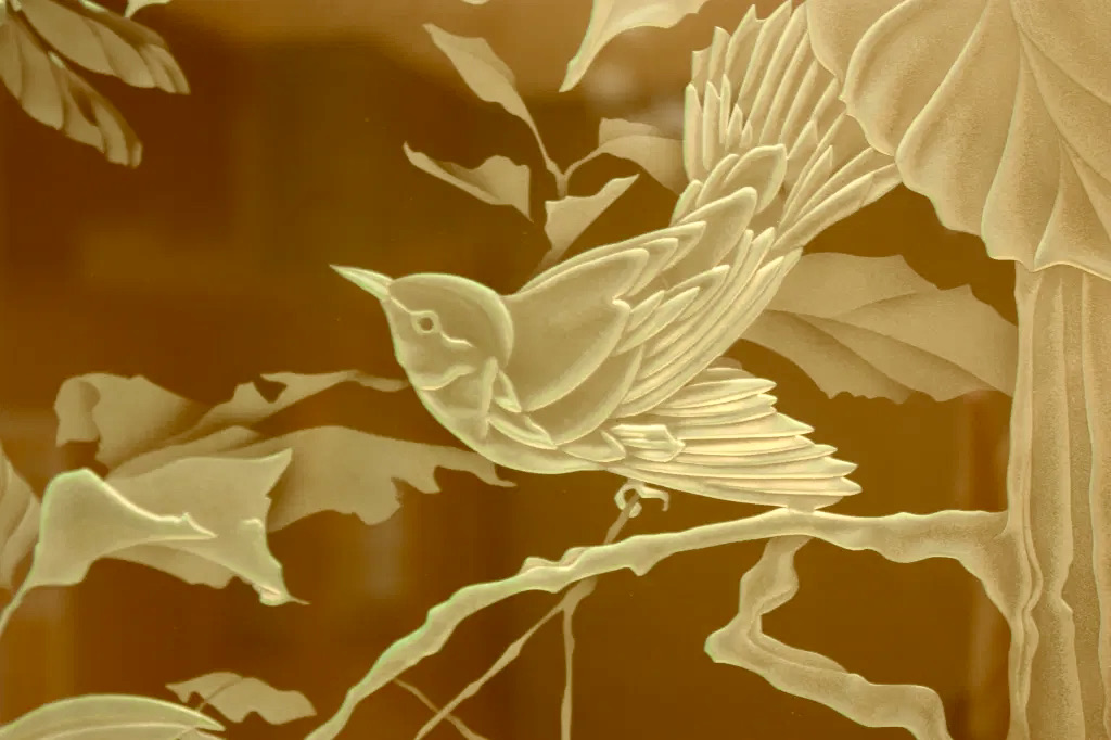 Cut glass design of birds and branches is one of the attractions in Independence Missouri