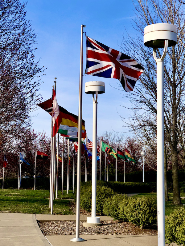 Flags of many nations on tall flagpoles are one of the Attractions in Independence Missouri