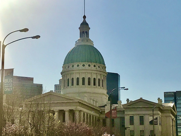 A green dome on a building that was the old courthouse in Downtown St. Louis Missouri