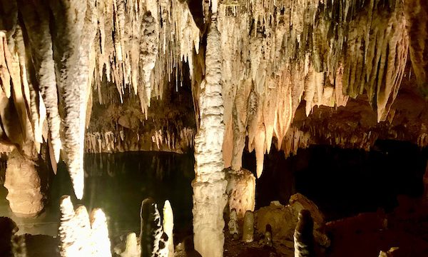 Columns of stalagmites and dripping stalactites at Meramec Caverns Stanton Missouri