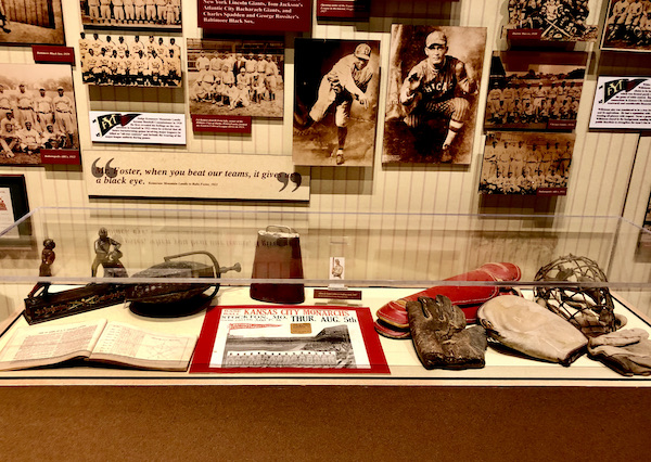 A case filled with baseball artifacts at the Negro Leagues Baseball Museum