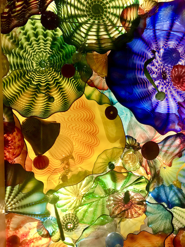 A kaleidoscope like ceiling of glass sculpture at the OKC Museum of Art Dale Chihuly Exhibit