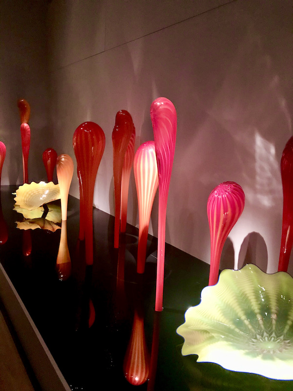 Pink calla lilies and light green leaves of glass at the OKC Museum of Art Dale Chihuly Exhibit